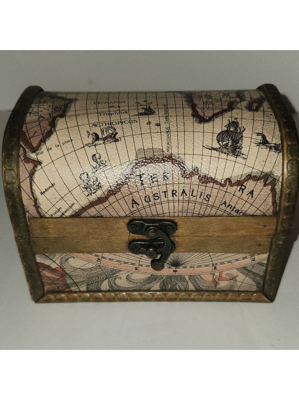 Vintage Decor Map Print Wood Treasure Chest One Size Beige Brown